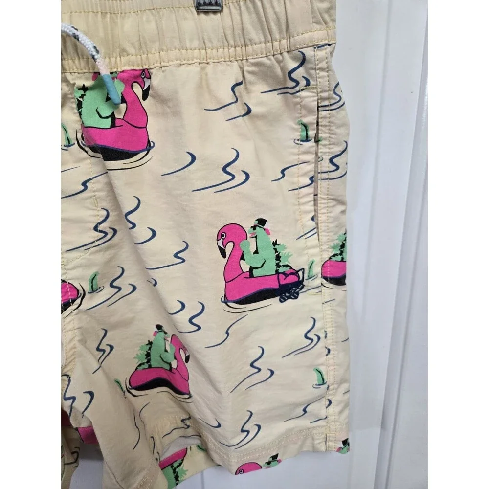 Party Pants River Dino Men's Swim Trunks Board Shorts Yellow Flamingo Small